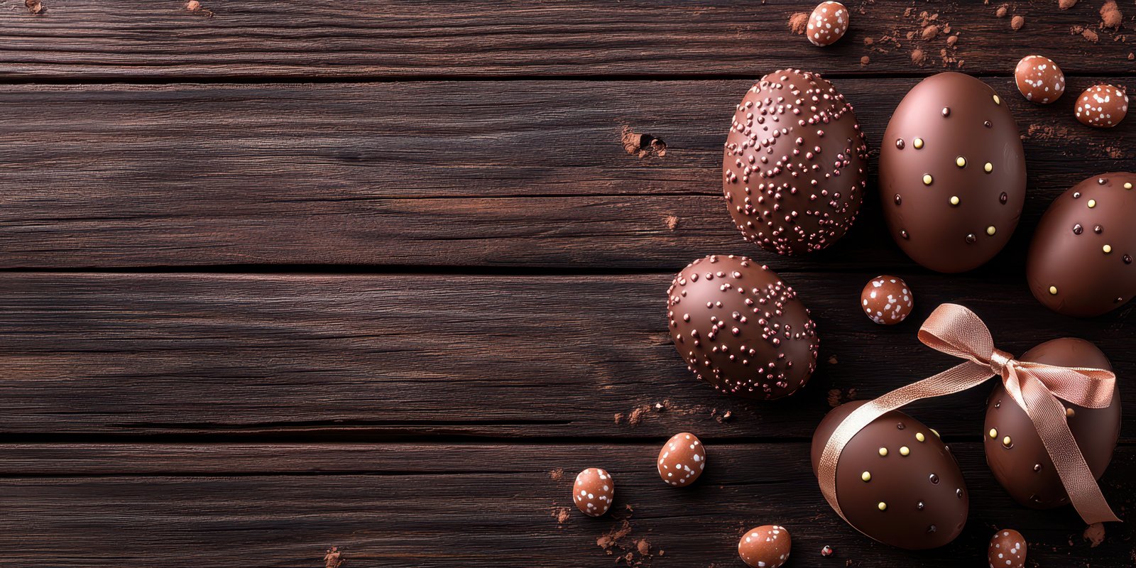 Delicious chocolate eggs and candies arranged on rustic wooden surface for festive celebration